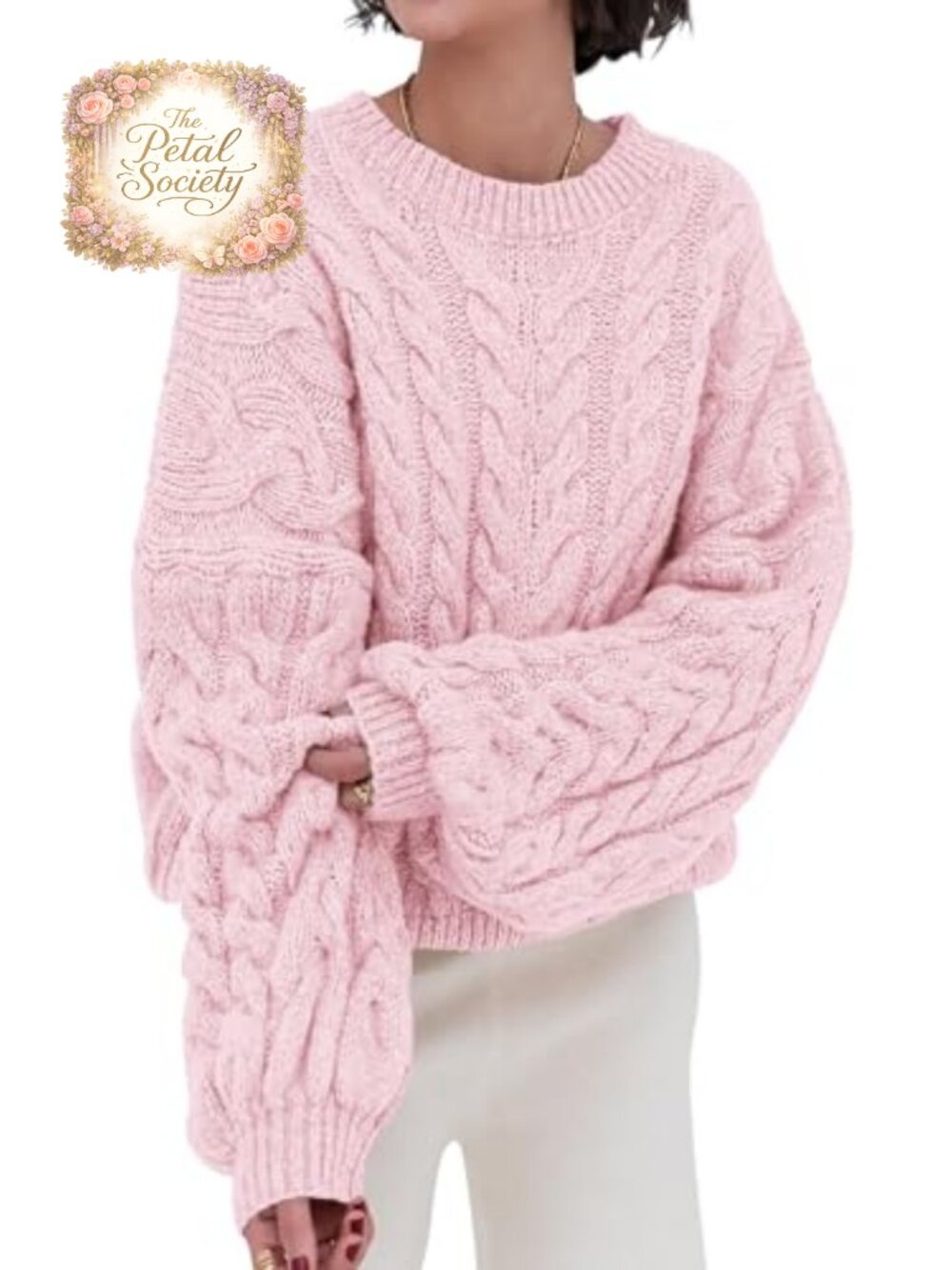 Cable Knit Long Sleeve Crewneck Oversized Chunky Pullover Sweater